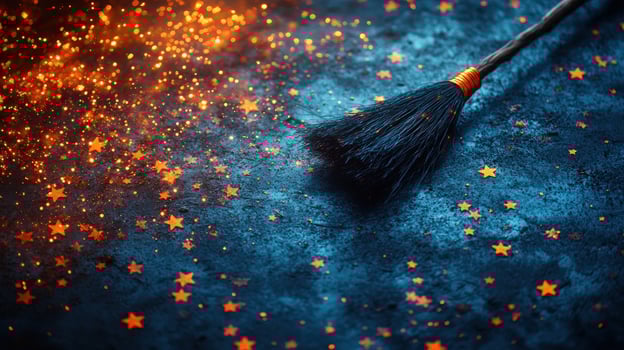 Broom on starry textured surface magical night background photo