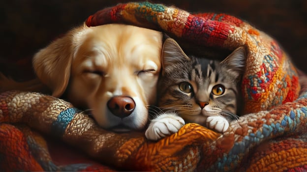 Dog and cat snuggle together under colorful blanket photo