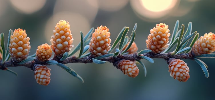 Pine cone and needle detail on branch close up photo