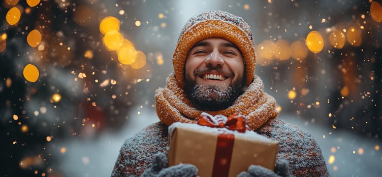 Man smile with wrapped gift outdoors in winter snow scene photo