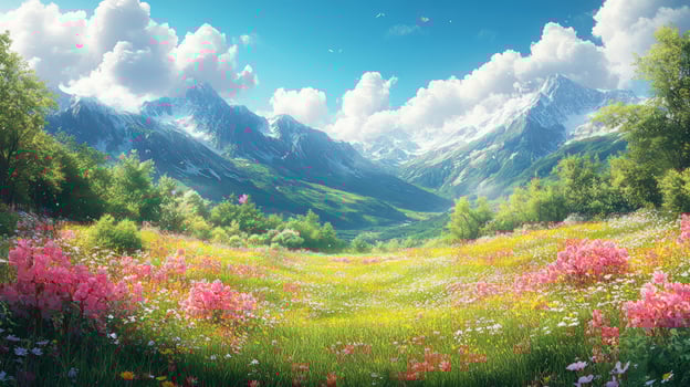 Mountain vista with wildflower meadow in full bloom under blue sky photo
