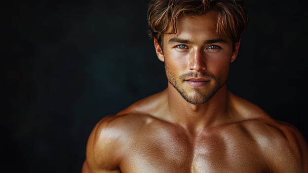 Male beauty portrait muscular man fair skin light brown hair photo
