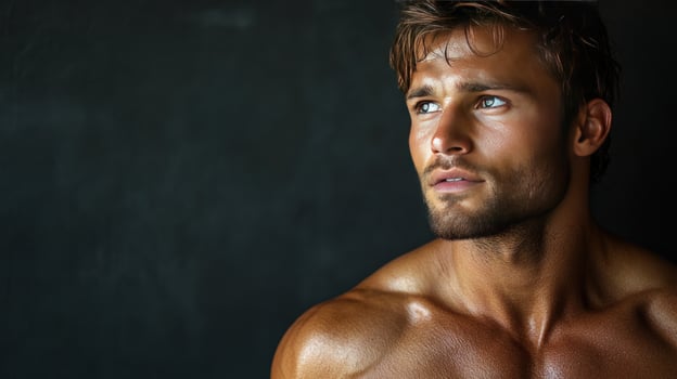 Athletic muscular man portrait against dark background fitness and wellness concept photo