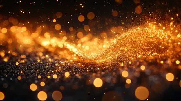 Golden glitter sparkles on dark background abstract shimmering particles photo