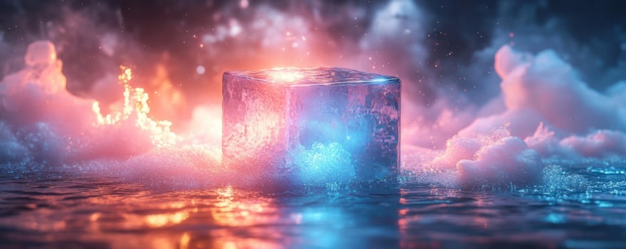 Abstract luminous cube on water surface with fog and gradient colors background texture photo
