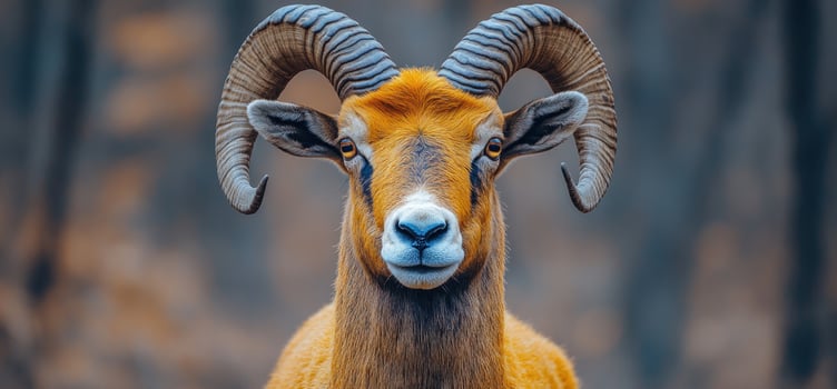 Majestic mountain goat close up portrait with spiraled horns wild animal photo