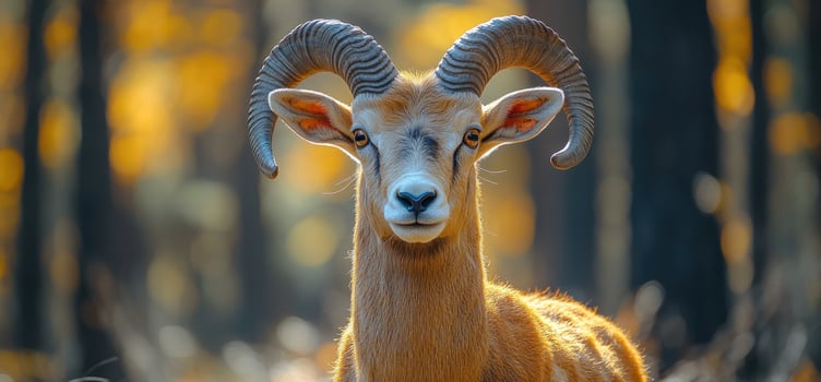 Majestic ram portrait with curled horns in natural habitat photo