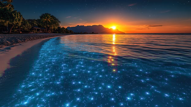 Glowing bioluminescent sea at sunset tropical coast photo
