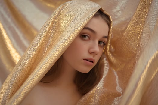 Graceful young woman with fair skin wrapped in shimmering gold fabric, exuding a serene elegance. photo
