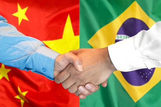 handshake on Brazil and China flag background. photo