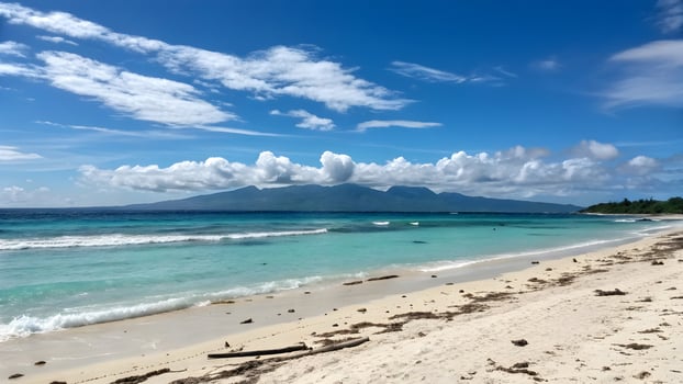 Tropical Beach Paradise Turquoise Water, White Sand, Mountain Views under Blue Sky with Puffy Clouds, A Relaxing Seaside Escape photo