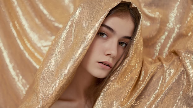 Young female model with long hair draped in a shimmering golden fabric, exuding elegance and beauty. photo