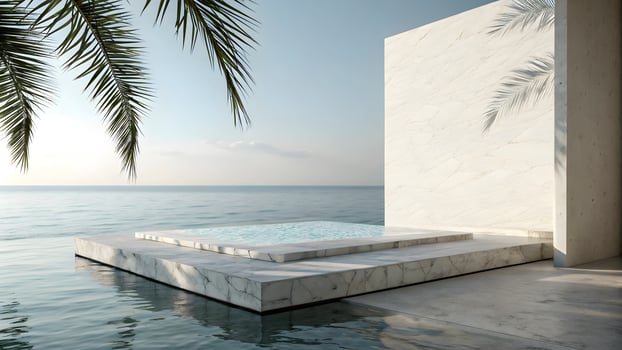Serene Coastal Oasis Infinity Pool, Marble Deck, Palm Trees, Ocean View, Tranquil Ambiance, Tropical Paradise, Luxury Relaxation photo