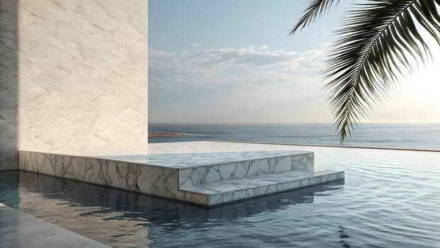 Tranquil Coastal Scene Marble Platform Overlooking Infinity Pool and Ocean, Palm Frond Accent, Serene Vacation Ambiance photo