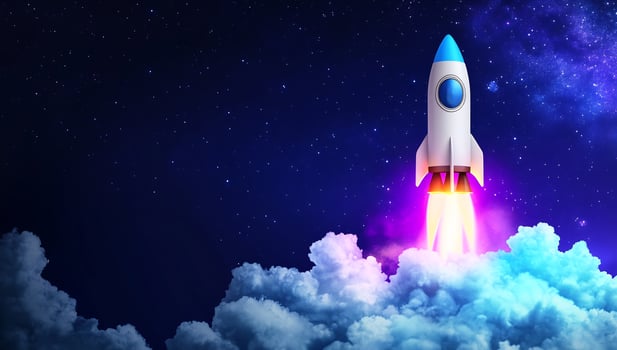 Rocket launching through clouds, starry night background, startup concept photo
