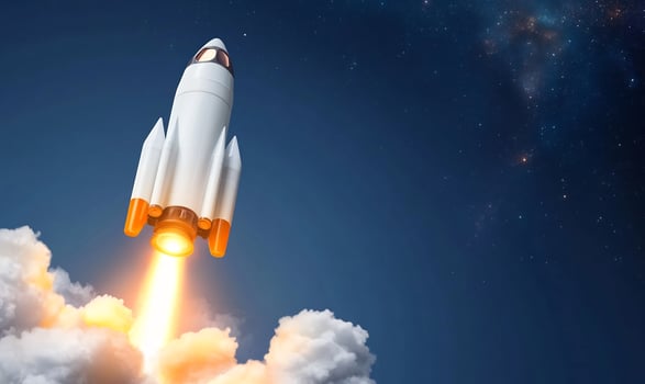 Rocket launching into space at night. Startup, success, growth concept photo
