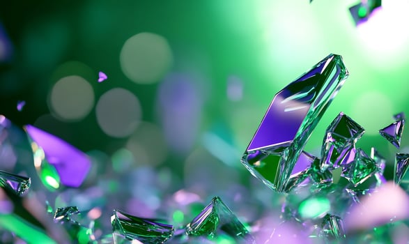Shattered glass fragments falling, green bokeh background photo