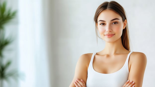 Woman, smiling, indoors, bright background, beauty portrait photo