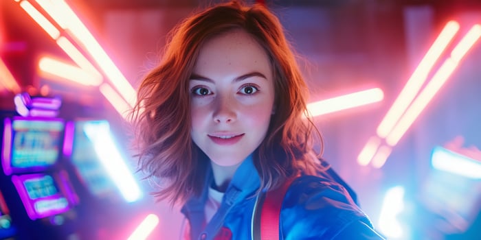 Woman smiles near neon arcade game photo