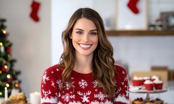Woman smiling, Christmas sweater, festive home, treats photo