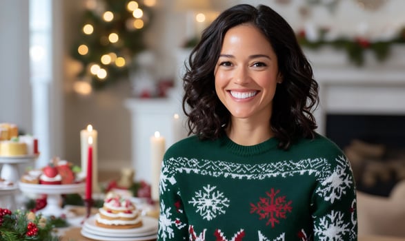 Woman smiles, Christmas sweater, festive treats, cozy home photo