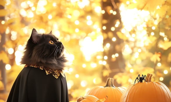 Black cat in costume, autumn leaves, pumpkins. Halloween card photo