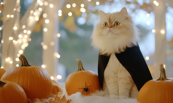 Fluffy cat in cape, Halloween pumpkins, lights photo