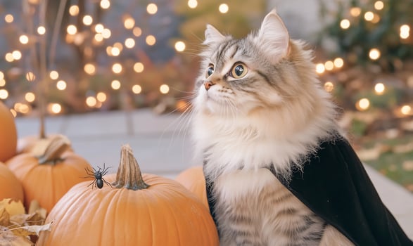 Cat in Halloween costume near pumpkins photo