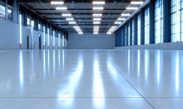 Modern warehouse, empty floor, bright lights, city view photo