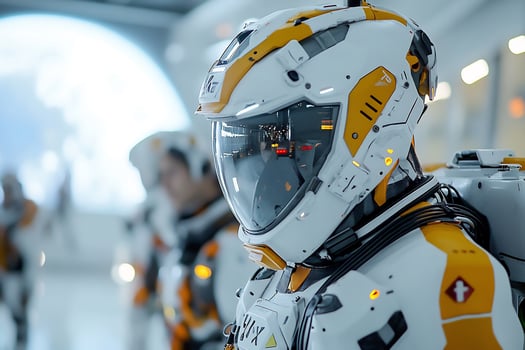 Astronaut preparing for space mission, hangar, Earth photo