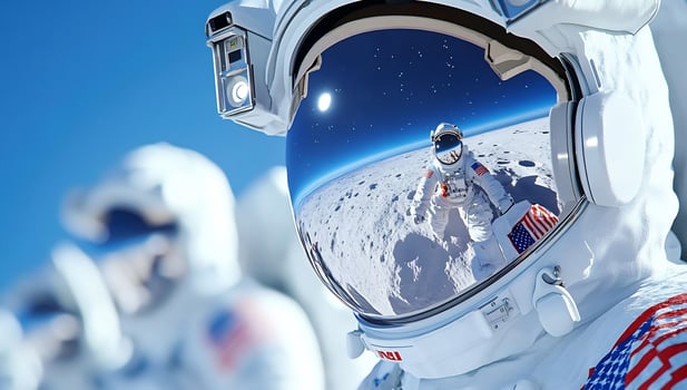 Astronaut reflection, lunar surface, space mission, teamwork photo