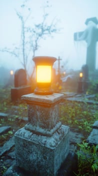 Foggy cemetery lamplight, graves, misty background, Halloween photo
