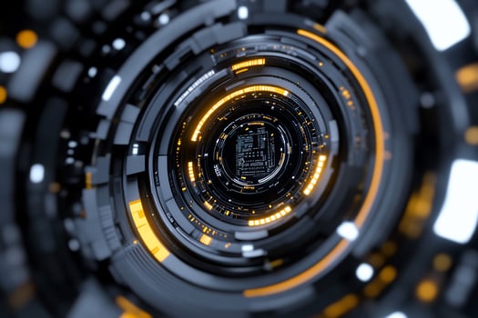 Futuristic technology interface, digital background, glowing rings, abstract design, website banner photo