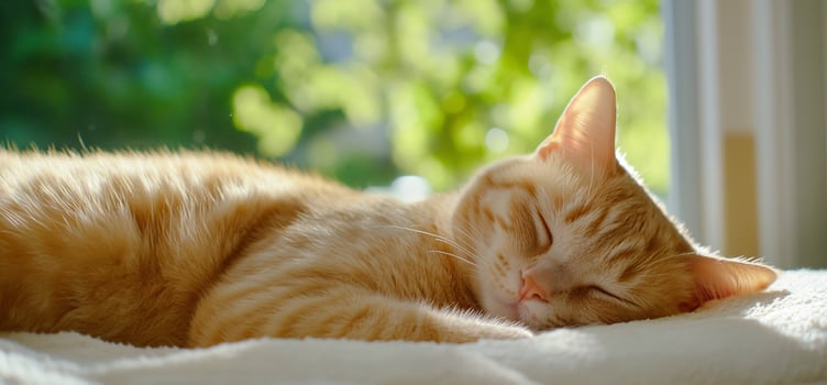 Orange cat naps sunlit window, green background, pet relaxation photo
