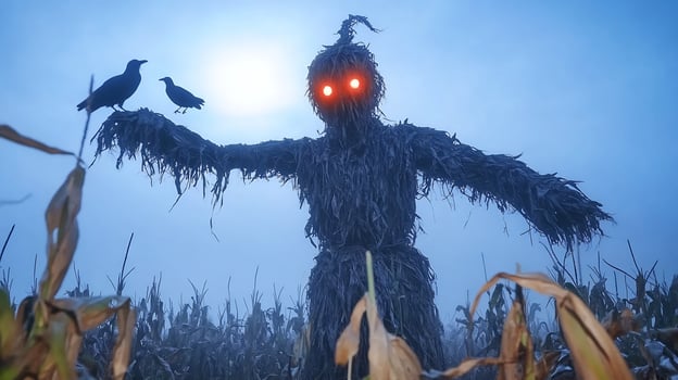 Creepy scarecrow in foggy cornfield, Halloween photo