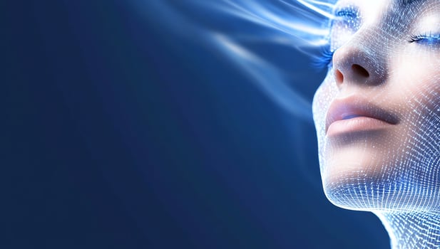 Womans face, digital mesh, blue background, beauty concept, website banner photo