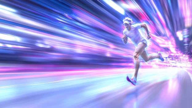 Runner sprints city night, blurred lights, motion photo