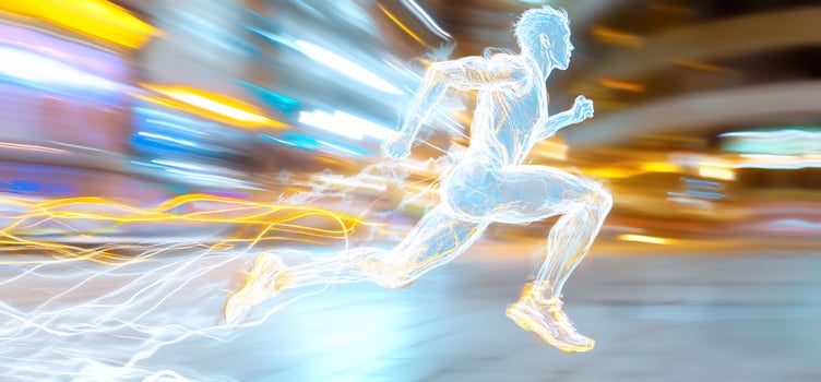 Runner speeds through city night, energy bursts photo