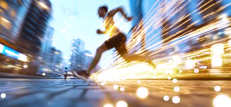 Runner speeds through city at night photo