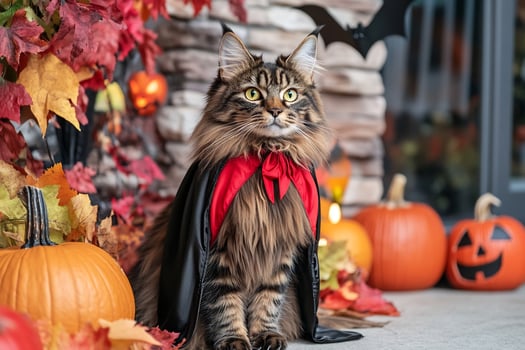 Maine cat in vampire costume, Halloween porch, autumn leaves photo