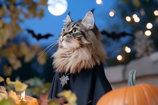 Maine cat in Halloween costume, autumn night photo