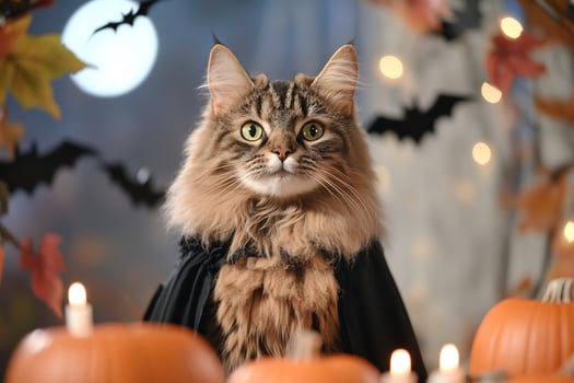 Cat Halloween costume pumpkins night photo