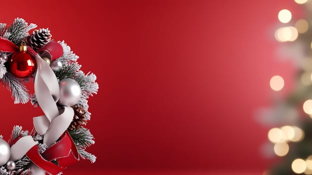 Festive Christmas wreath, red background, bokeh lights, holiday card photo