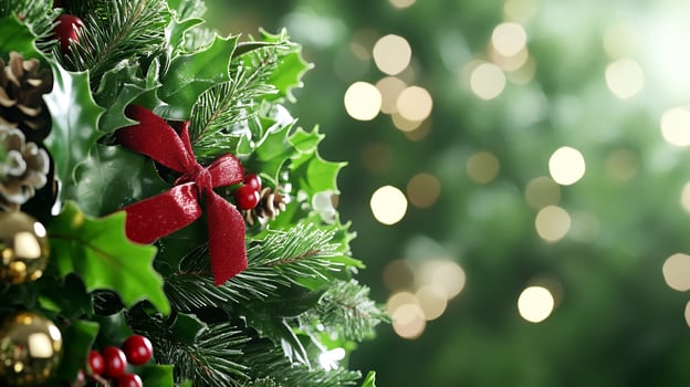 Festive Holly Wreath, Christmas Decor, Blurred Lights photo