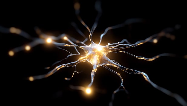 Neuron cell firing signals, microscopic view, dark background, medical research photo
