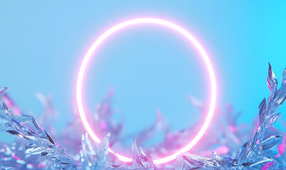 Pink neon ring in icy plants, blue background. Website banner photo