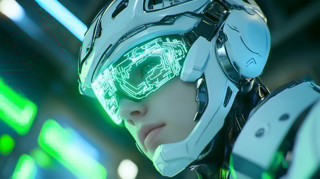 Cyborg woman, futuristic lab, glowing visor, technology photo