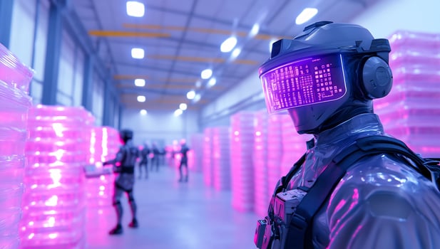 Futuristic worker in warehouse, pink storage photo