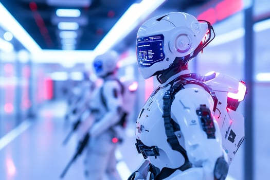 Robots in futuristic corridor, standby. Stock image photo