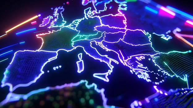 Neon Europe map, global network, digital background, data visualization, website banner photo
